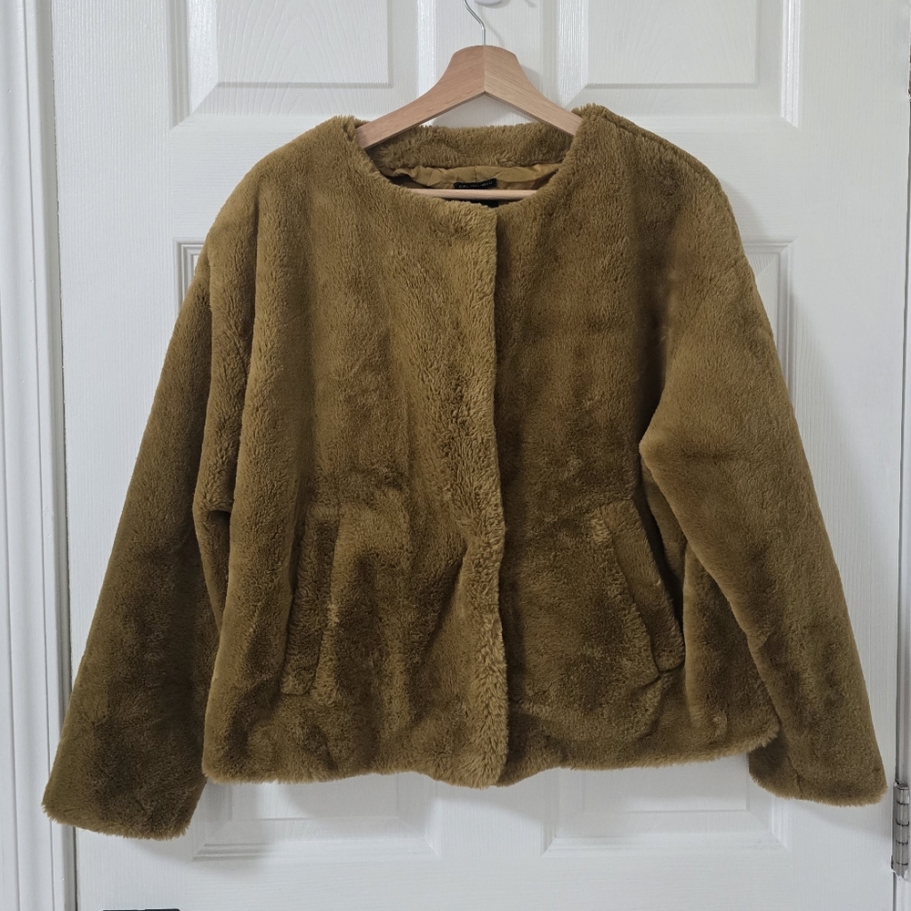 Zara Mustard Yellow Teddy Faux Fur Bomber Jacket Size L - Picture 2 of 7